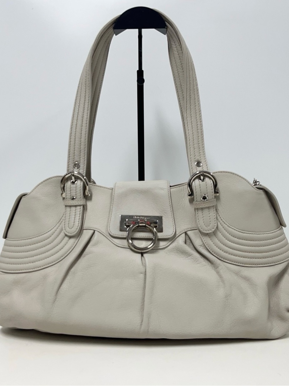 Salvatore Ferragamo Gray Leather Shoulder Bag with Silver Hardware